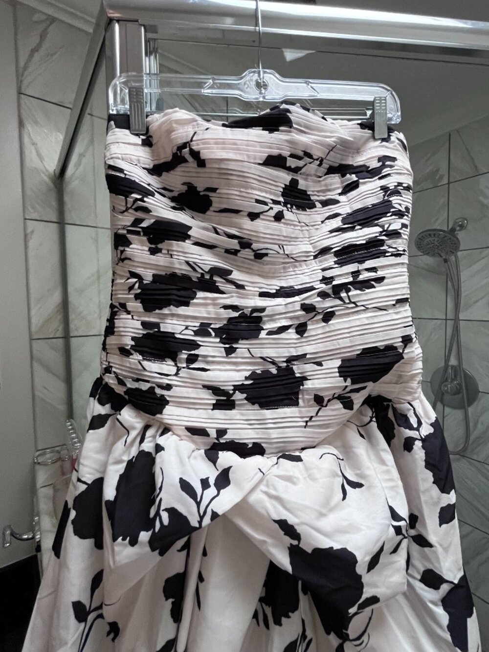 New York & Co Black & Ivory Strapless Ruched Bodice Rose High Low Gown - L - Picture 9 of 11